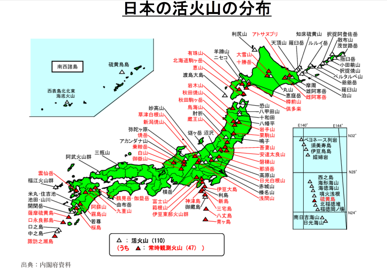 日本の活火山の分布